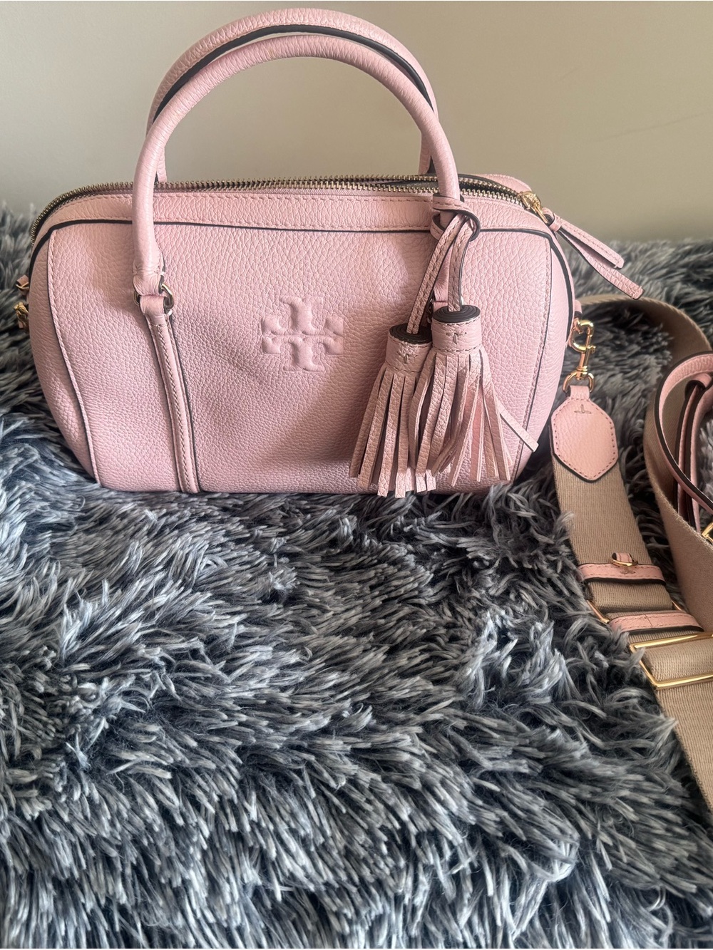 Tory Burch Light Pink Pebbled Leather Mini Satchel with Tassel